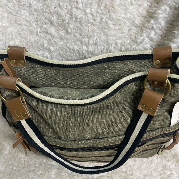 Uddini  grey distressed canvas large tote with brown faux leather trims - Picture 11 of 14